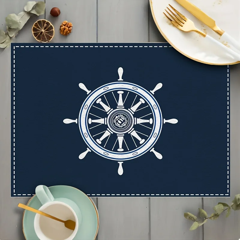 Nautical Style Steering Wheel and Ship's Wheel Print Linen Placemats  Navy Blue and White Machine Washable Rectangular Placemats