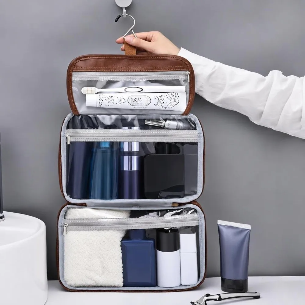 New PU Leather Travel Toiletry Bag Large Capacity Hanging Hook Wash Bag Organizer Waterproof Cosmetic Organizer Bag Men