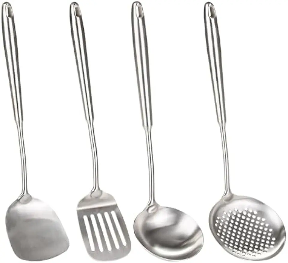 

Набор лопаток вок из 4 предметов из нержавеющей стали, кухонная утварь с ковшом и дуршлаг, кухонные инструменты с антипригарным покрытием