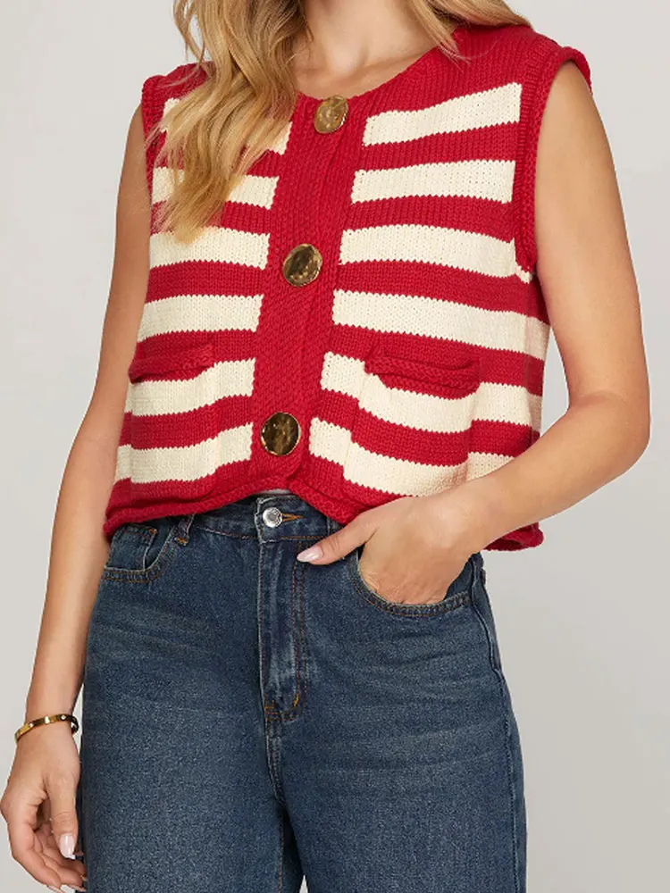 

High Quality Fashion Red White Stripes Versatile Metal Buckle Woolen Knitted Vest Cardigan Tops Women's Sleeveless Jacket New