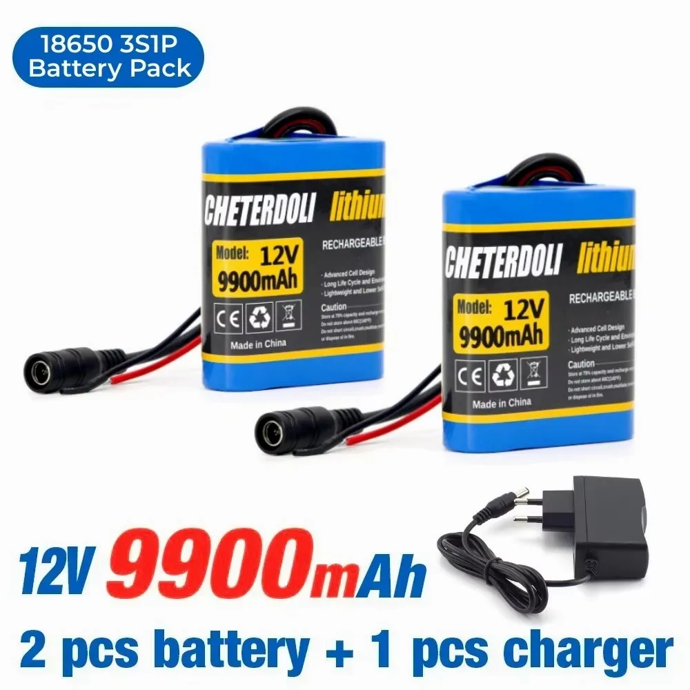 12V 9900mAh 18650 Lithium ion DC 12.6V Super Replacement Battery + 12V 1A Charger 3S1P Batteries 18650 Recargable Battery Pack