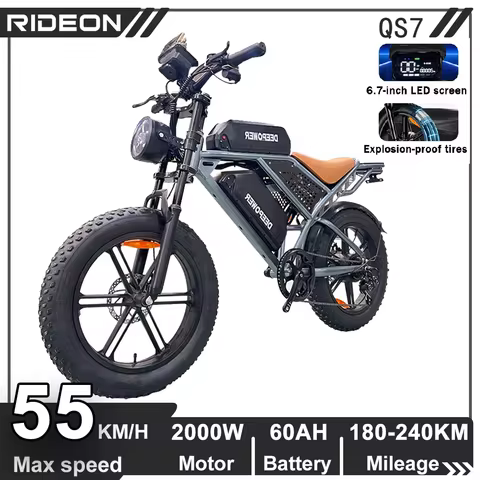 Rideon 전기 자전거 QS7 2000W 48V 60AH 성인용 20 인치 지방 타이어 Ebike 산 오프로드 듀얼 배터리 전기 자전거