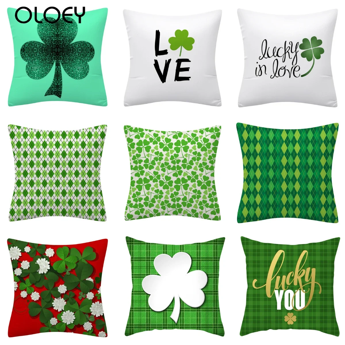 2024 Lucky Four Leaf Clovers Print Green Cushion Cover Hot Shamrock Polyester Pillowcase Livingroom Bedroom Decorative Pillows