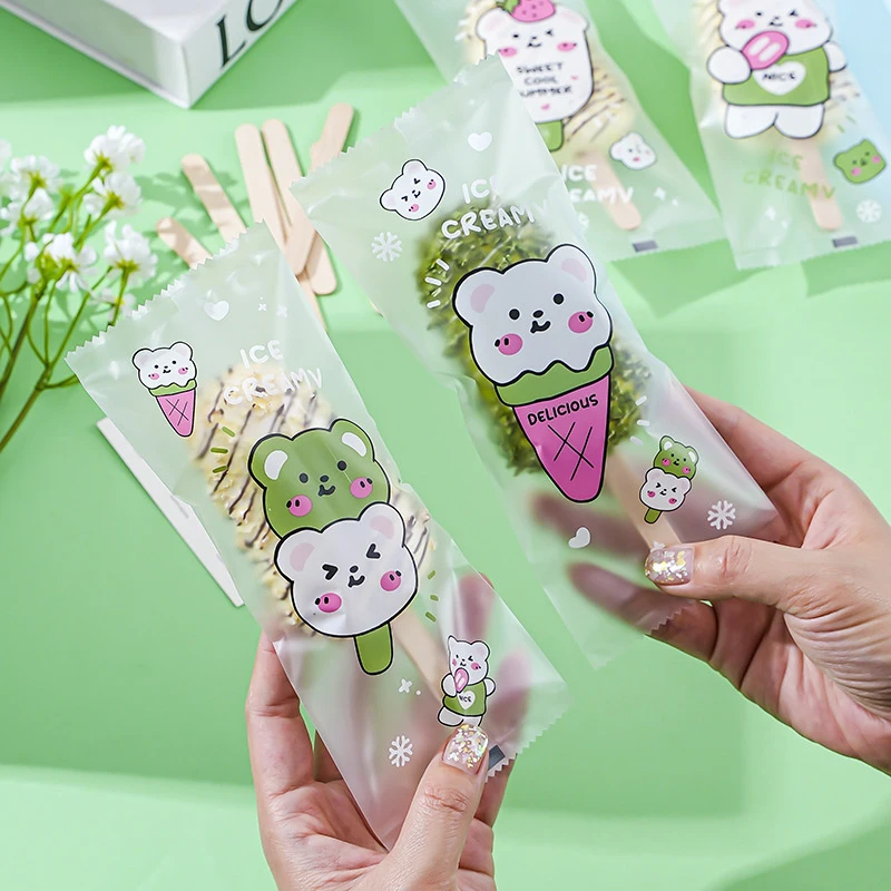 100pcs Food Grade Ice Cream Bags Disposable Plastic Popsicle Protective Cover Storage Cartoon Ice Popsicle Packing Bag DIY