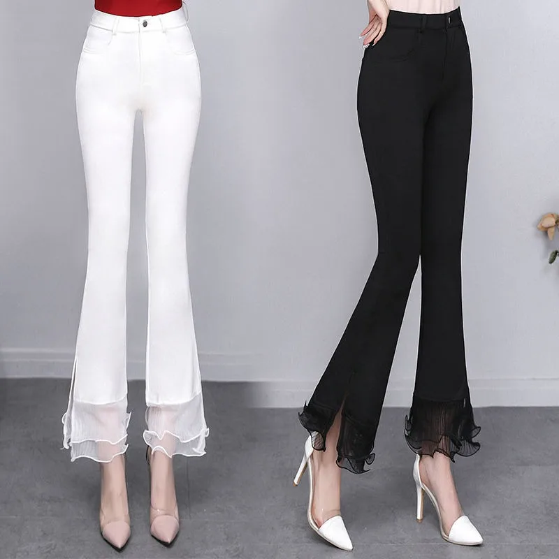 Koreaanse Mode Vrouwen Kant Chiffon Flare Broek Lente Zomer Dunne Slanke Split Hoge Taille Kantoor Dame Elegante Solid Casual Broek