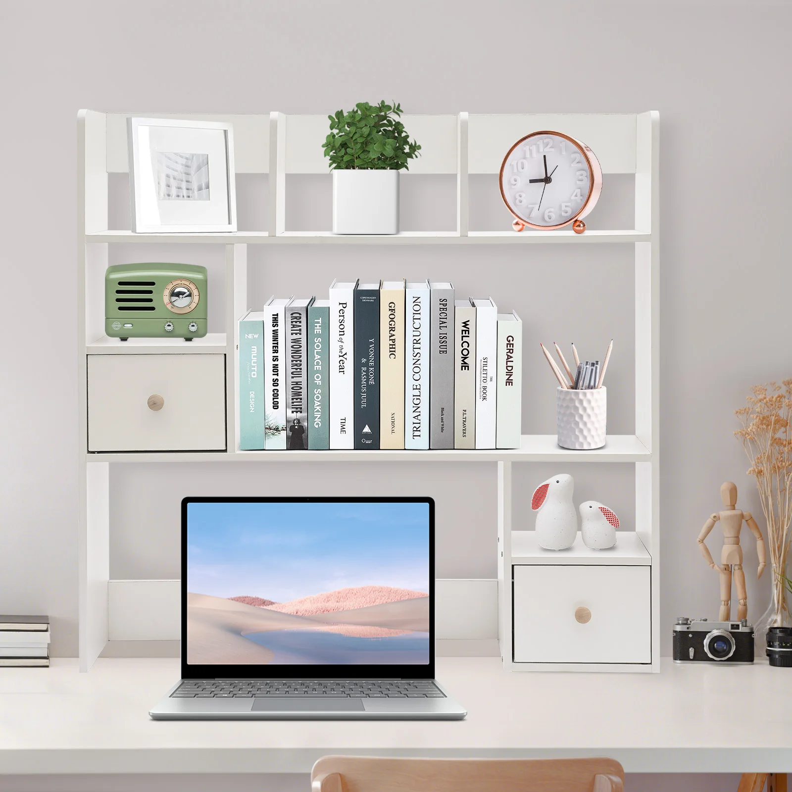 

Desktop Shelf, Desktop 3-Tier Display Rack, Multipurpose Wood Desktop Bookshelf Storage Organizer for Dorm Office Home, White