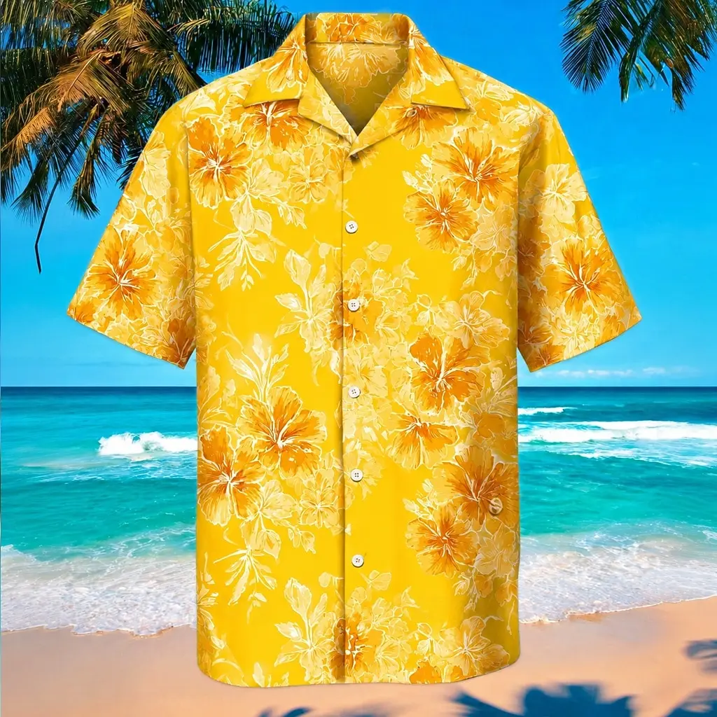 Fresh Island Style Men Short Sleeve Shirt Coastal Beach Green Plant All Print Loose Thin Summer Lapel Shirt