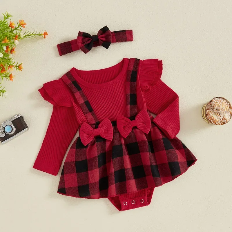 Baby Clothing Girl  Plaid Long Sleeve Ribbed Romper Dress + Bow Headband Newborn Spring Autumn Clothes