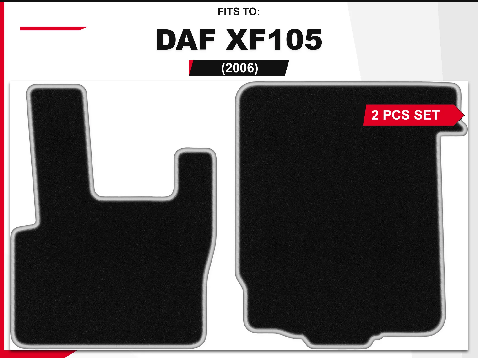 Velours vloermatten voor: DAF XF105 2006, 2 stuks. Zwart-zilveren passende autovloermatten, set