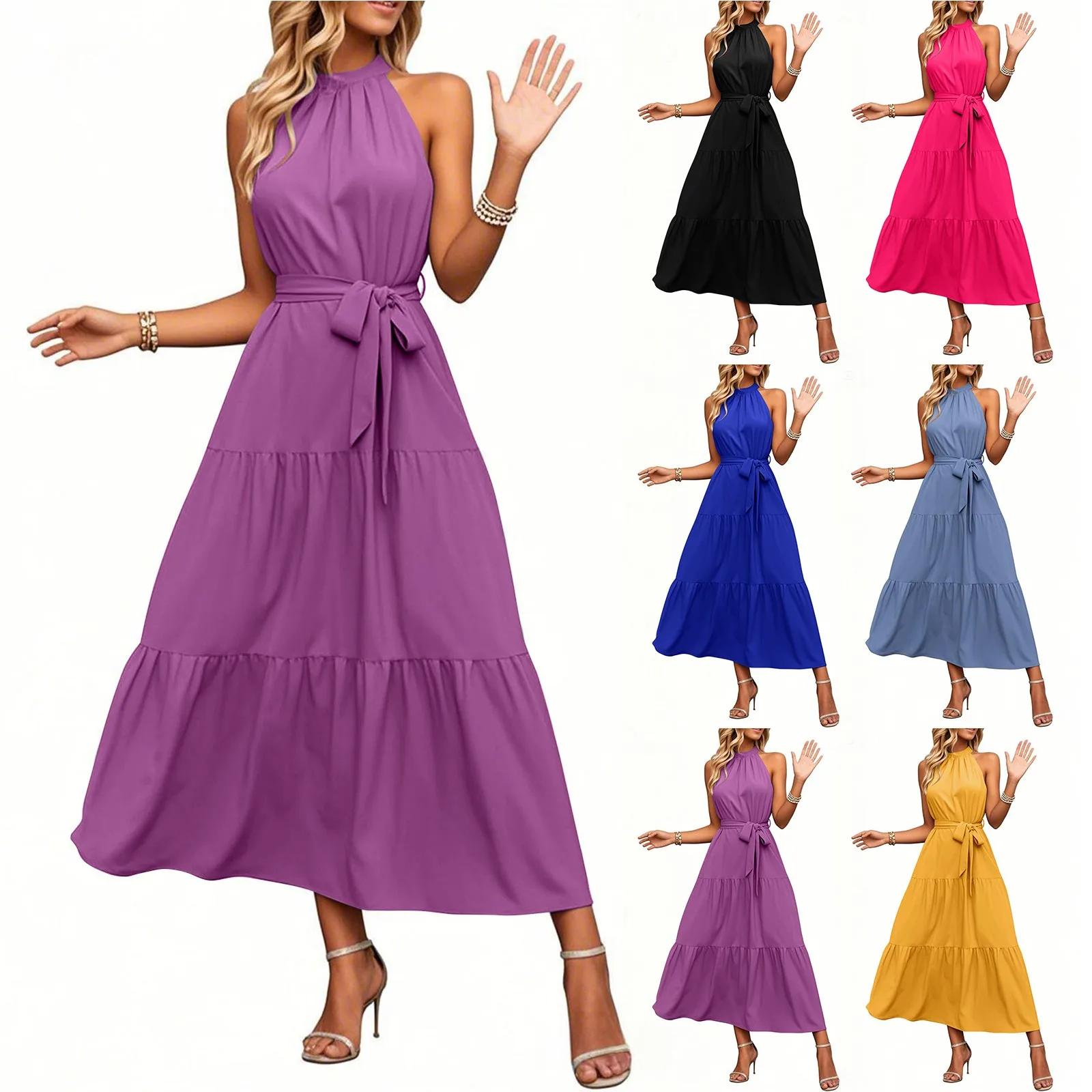Women's Summer Maxi Sun Dress Sleeveless Halter Neck Flowy Ruffle Hem Long Boho Dresses with Belt Solid color elegant dress