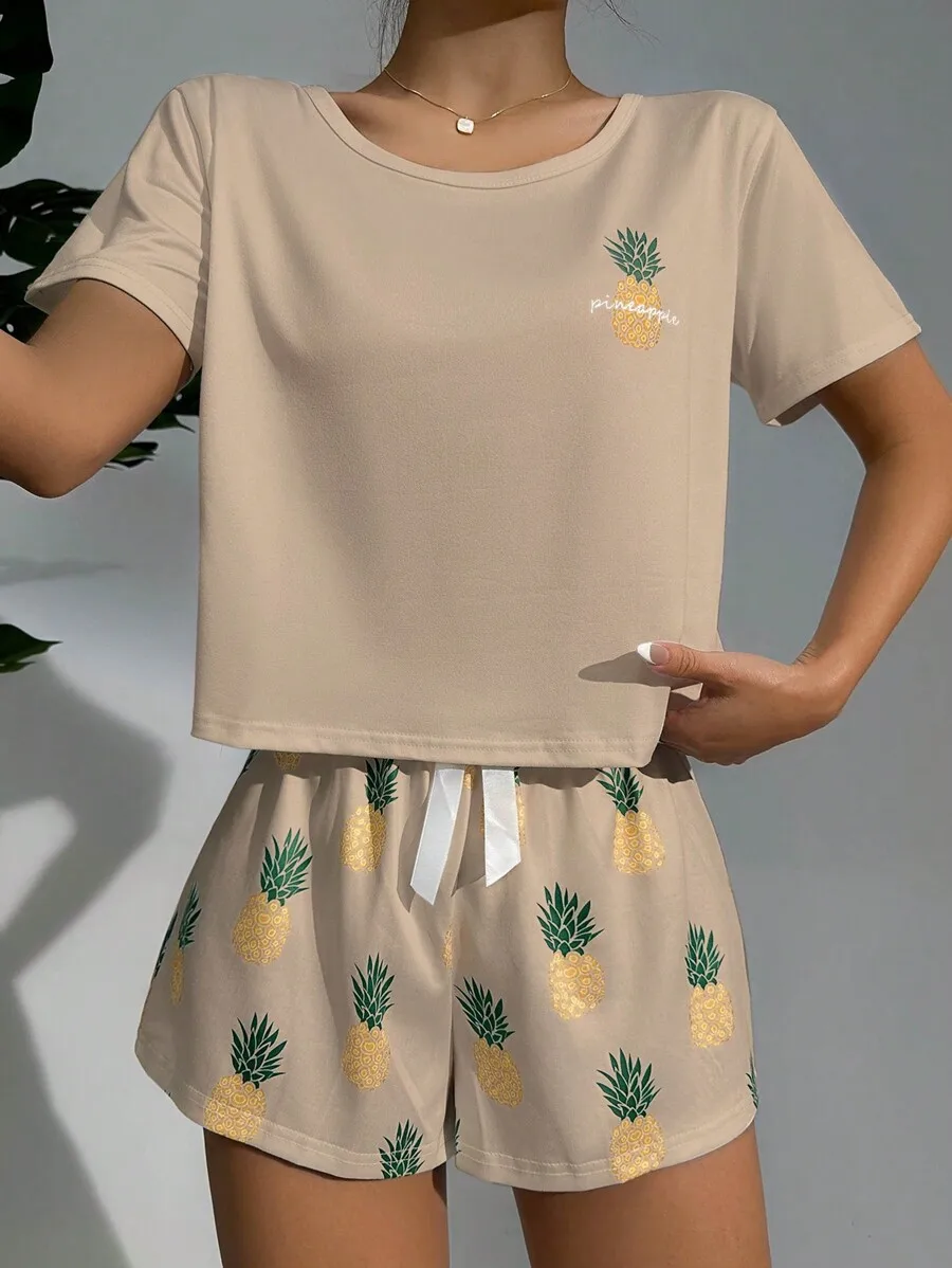 

Pineapple Print Short Sleeve Pajama Set For Women