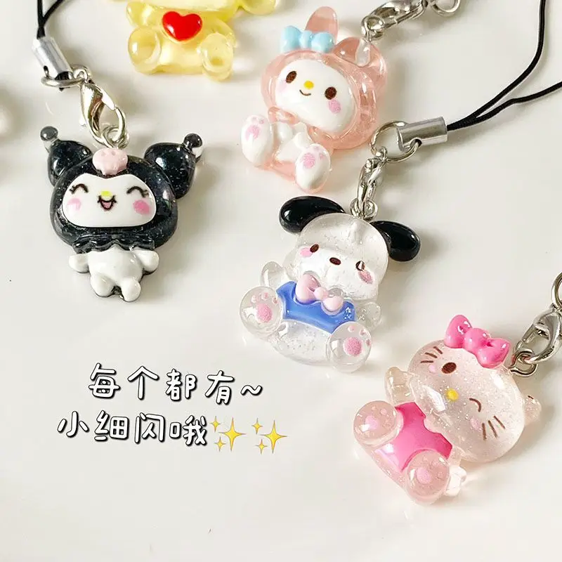 Sanrio Hellokitty Mymelody Pachacco Kuromi Cinnamoroll Purin colgante para teléfono móvil, llavero para amantes, accesorios de cuerda