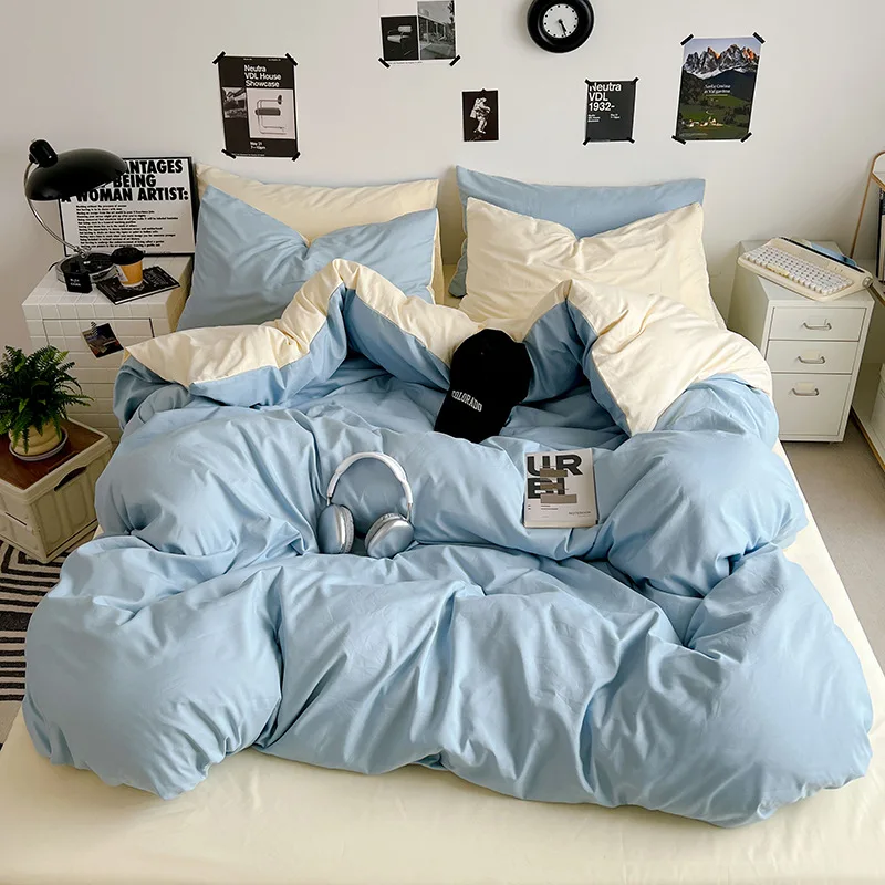 

Class A washed cotton solid color four-piece set, bed sheet, quilt cover, pillowcase, employee threepiece set, dormitory bedding