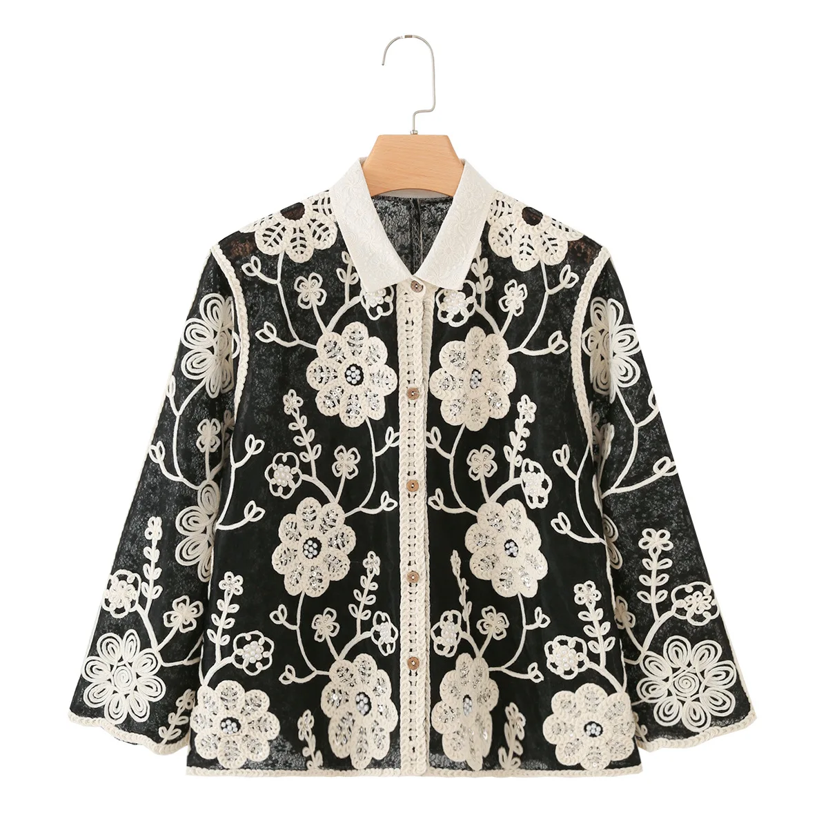 BOHO Women Black Spliced Beige Crochet Hollow Out Hole Lapel Collar Shirt Single-breasted Button Long Sleeve Blouses Sunscreen