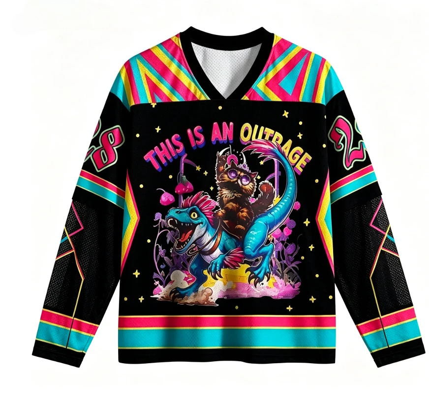 Neon Fantasy Cat Ride Dinosaur Graphic Long‑Sleeve V‑Neck Mesh Jersey Retro Colorful Striped Unisex Street Sport Pullover Top