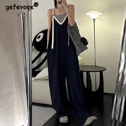 Women Trendy Contrast Color Casual Streetwear Oversize Wide Leg Jumpsuits Y2K Female Summer Sexy Deep V Neck Sleeveless Rompers