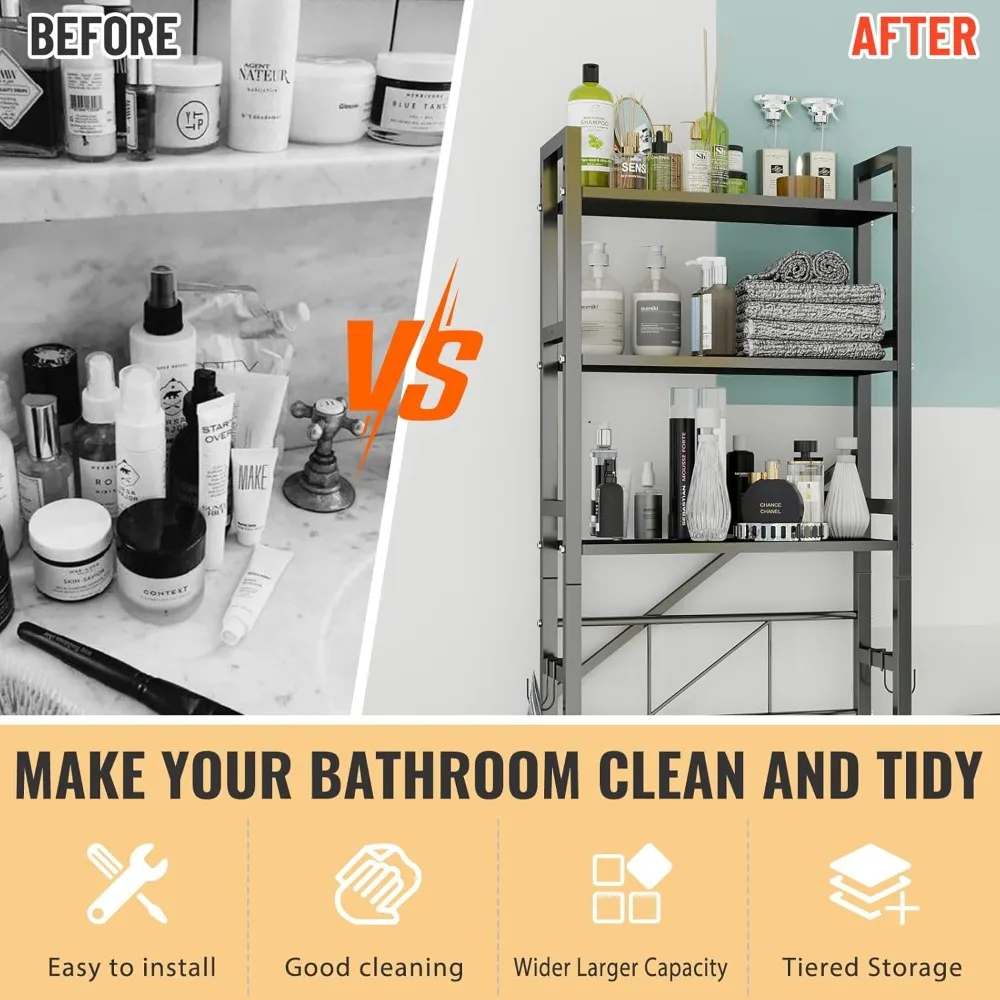 Over The Toilet Storage Cabinet, Metal 3 Tier Bathroom Organizer Shelf, Stable Freestanding Above Toilet Stand, Black