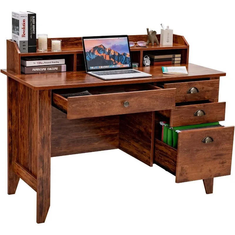 

48" Computer Desk with 4 Storage Drawers and Hutch Wood Executive Table for PC Laptop