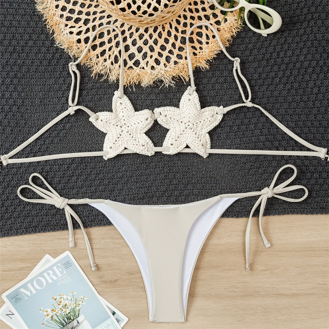 Neuer, verführerischer, gehäkelter, gestrickter Bikini mit Sternenmuster, Damen-Badeanzug, zweiteiliges Bikini-Set, Badebekleidung mit Trägern, Badeanzug, Modell V7750. – Detail 3