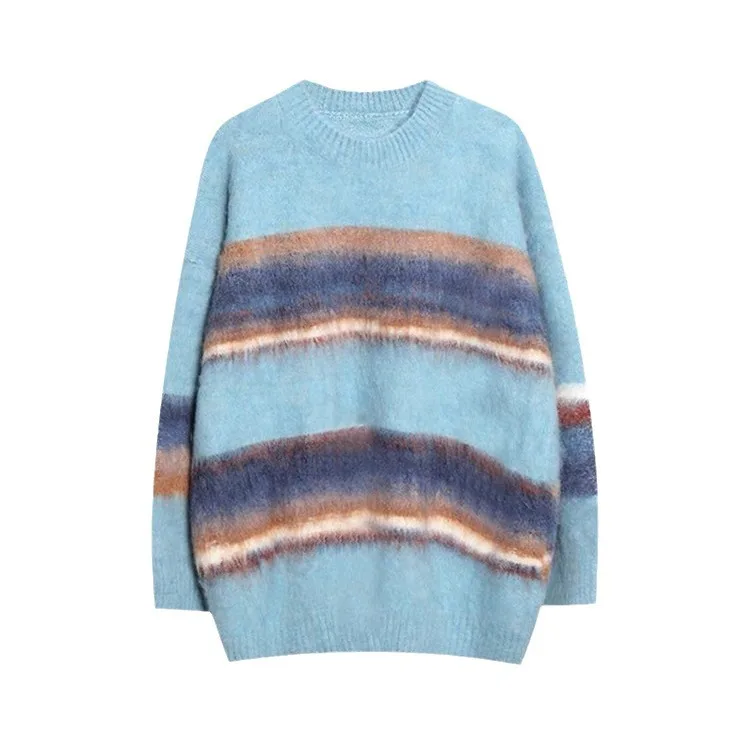 Invierno otoño nueva moda mujer color codificado rayas suelta Casual moda cuello redondo manga larga suéter tejido jerseys Mujer