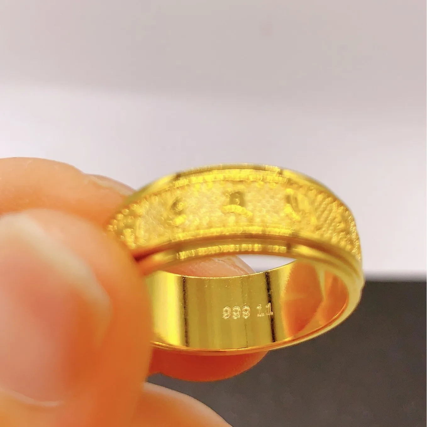 8mm Auspicious Eight-Treasure Ring Men 24K Gold AU999 - Round edge, 8mm comfortable, clear characters