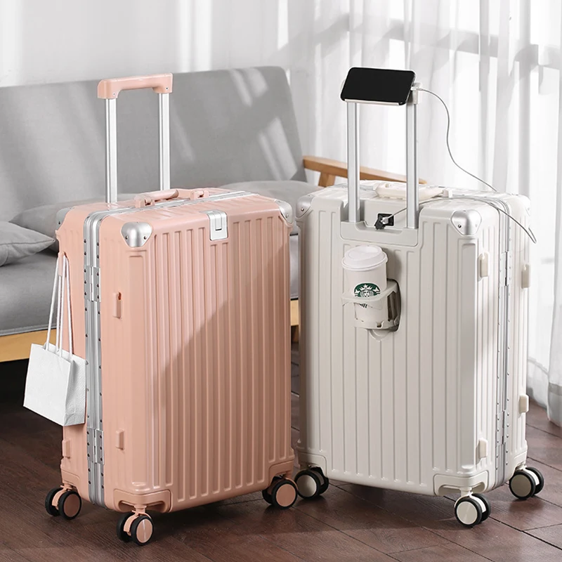 Suitcase Aluminum Frame Luggage with USB Cup Holder Suitcase Trip Cabin 20/24/26 inch Password Trolley Case Travel Suitcase