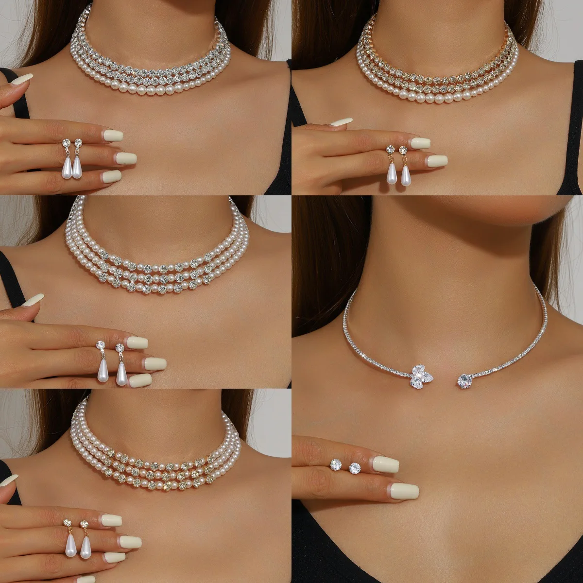 Luxury Full Diamond Geometric Zircon Collar Bracelet Earrings Fashionable Exquisite Simple Bundle Necklace