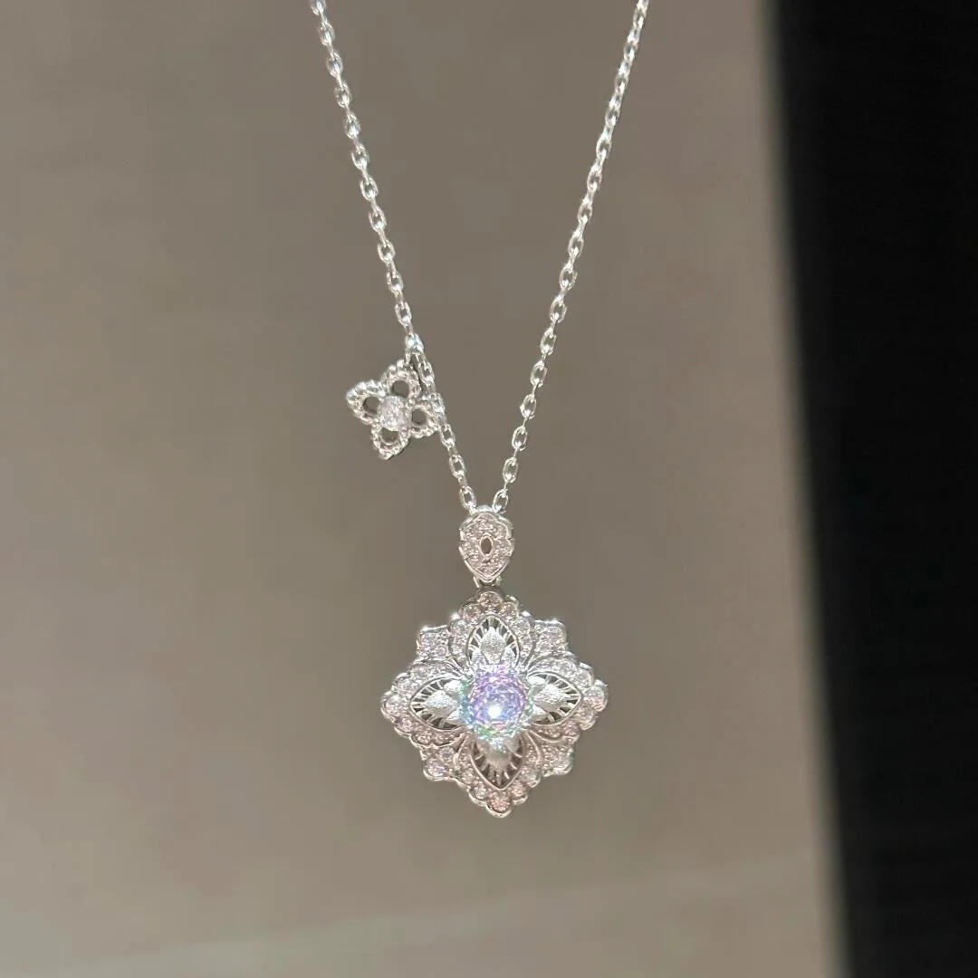

925 Sterling Silver Light Luxury Necklace, Classical French Brushed Colorful Rose Gold Sweater Chain, Clover Pendant Accessory