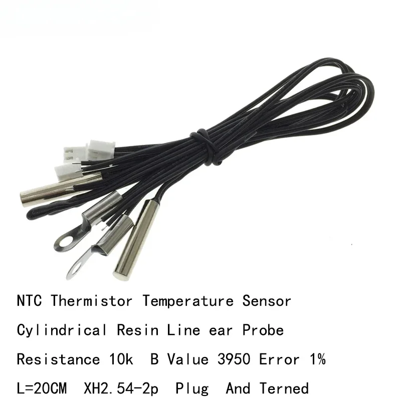 10pcs Temperature Sensor  10K B3950 Cylindrical 5X25  Line Ear M4 Epoxy Droplet Head  20cm Long Plug Terned NTC Thermistor