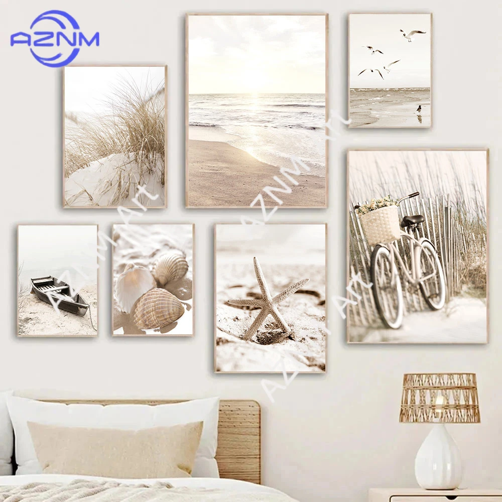 Beach Shell Starfish Poster Beige Sea Landscape Canvas Art Painting Bike Boat Print Pictures Nordic Wall Posters Home Decoration