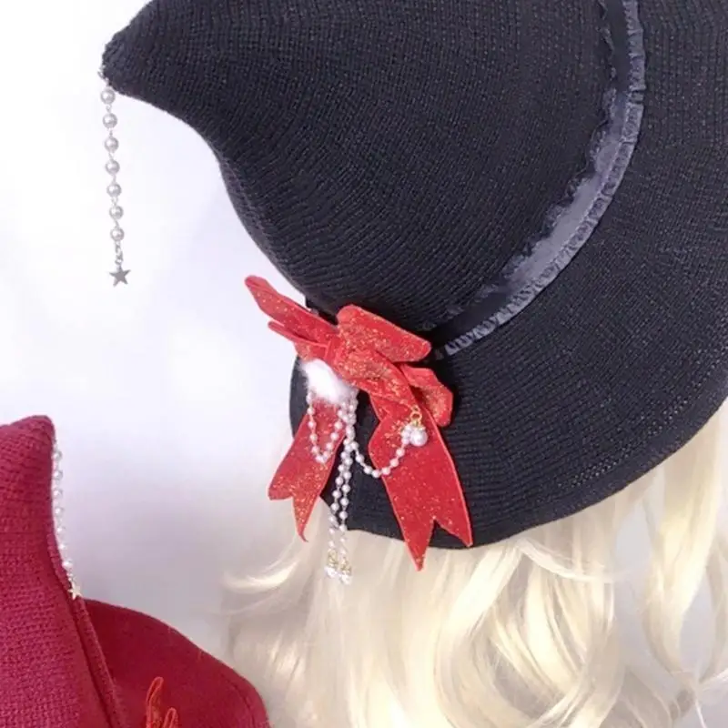 هالوين قبعة الساحرة للنساء مع شرابات Bowknot Y2K Lolitas الدعائم الطرف قبعة الإناث معالج قبعة تأثيري حلي قبعة #5