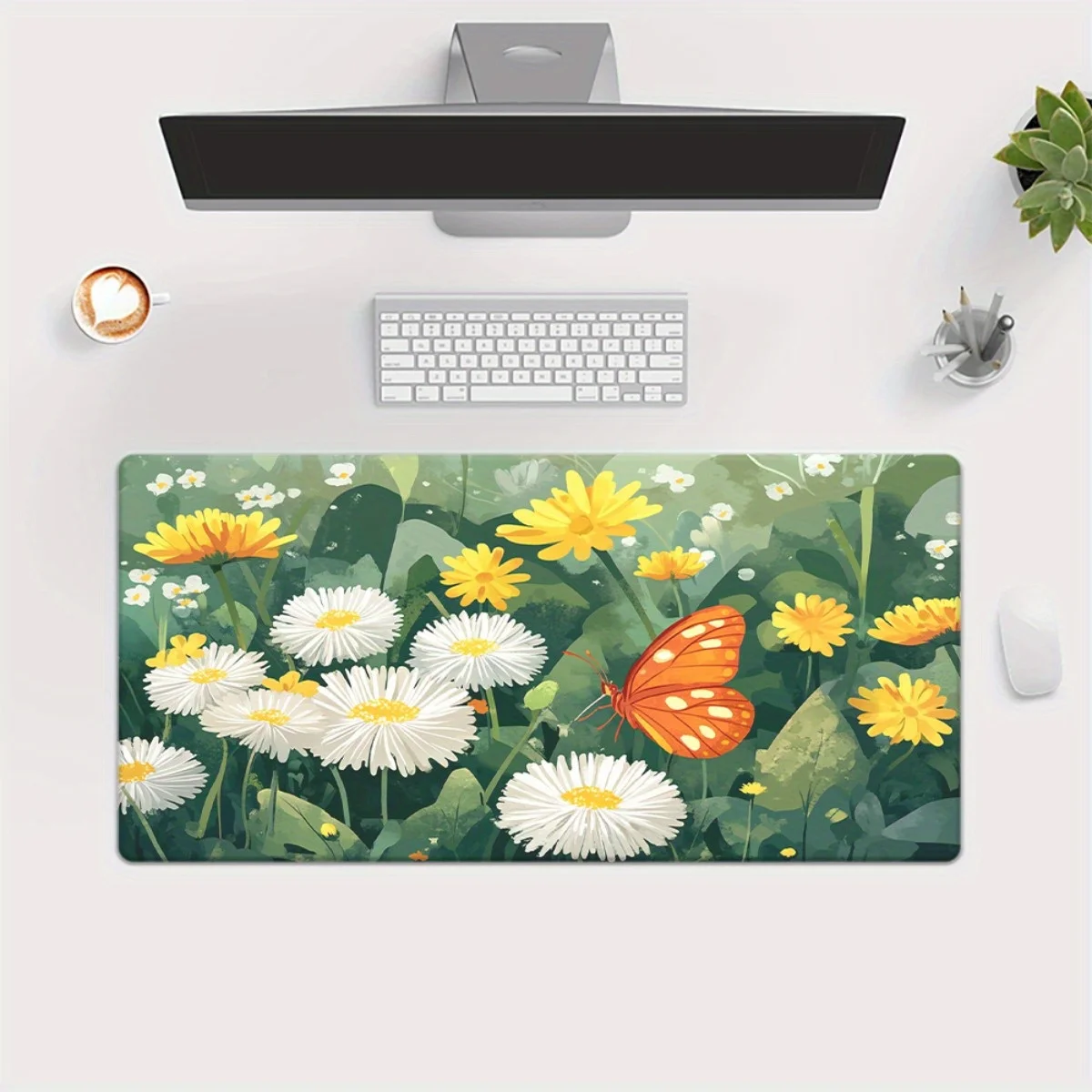 1 Buah Mousepad XXL Motif Bunga Aster dengan Kupu-kupu Cetak HD - Alas Meja Bermotif Bunga yang Cerah untuk Gamer & Penggunaan Kantor, Alas Karet Anti Selip, Halus