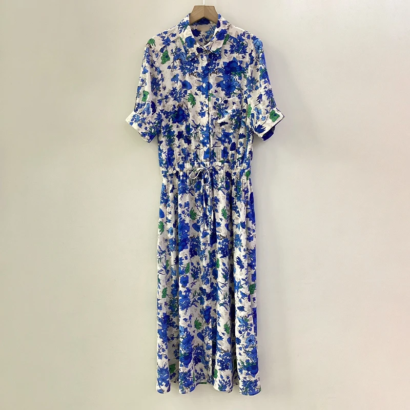 

Zadig Floral Print Robes Women Casual Long Sleeve Summer Blue Dress Female Chic Lapel Elasticat Waist Spring Elegant Long Dress