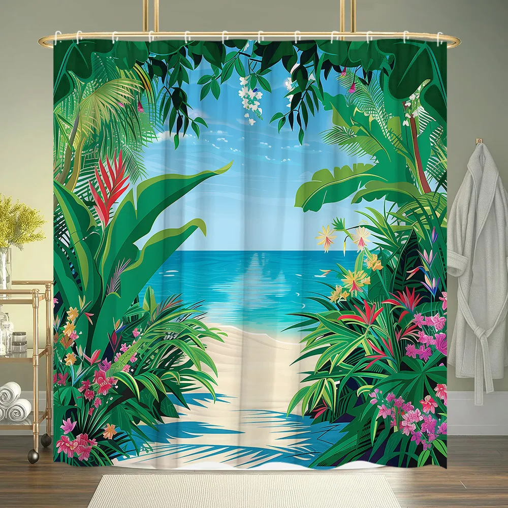 

Seaside Landscape Beach Ocean Tropical Plant Palm Leaf Flower Nature Scenery Modern Home Polyester Fabric Bathroom Decor Curtain