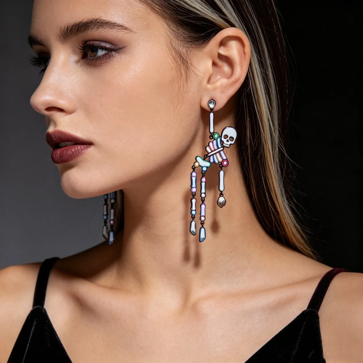 Gotische, dunkle, farbenfrohe Emaille-Totenkopf-Ohrhänger für Damen und Herren, Halloween-Strass-Skelett-Spinnen-Ohrhänger, Partyschmuck – Detail 9