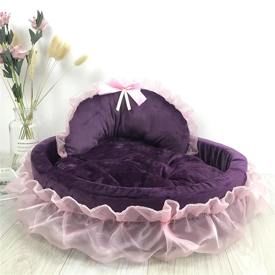 Hanpanda-camas de encaje con lazo de fantasía para perros grandes, cama desmontable ovalada rosa, cesta de cama para mascotas de princesa, muebles