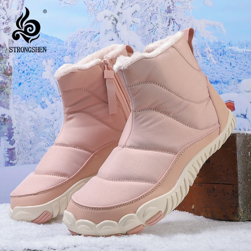 STRONGSHEN Women Snow Boots Outdoor Work Shoes Men Waterproof Cotton Warm Fur Ankle Shoes Anti Slip Snow Boots Plus Size 35-47