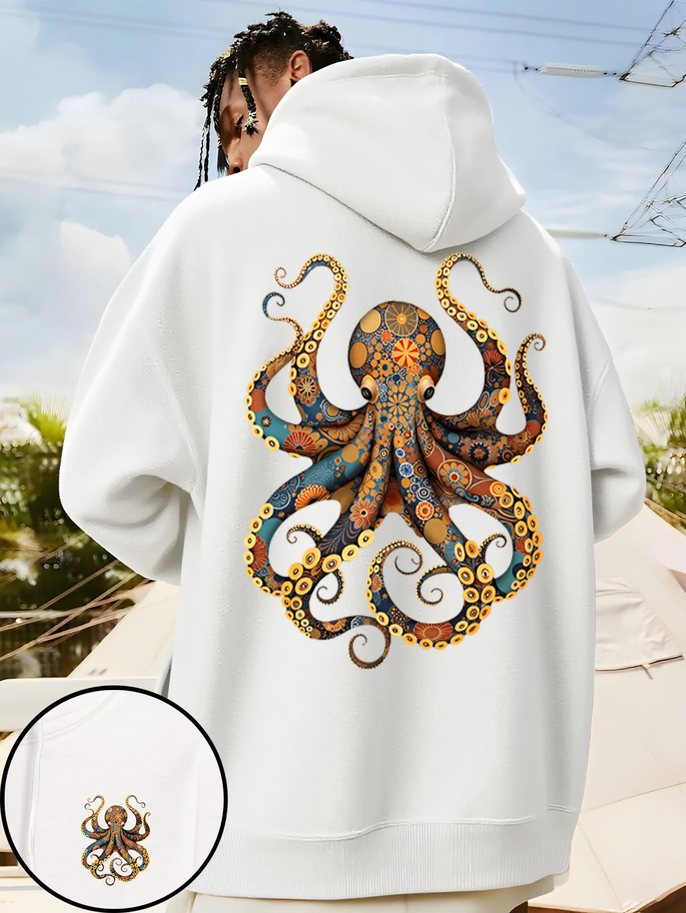 

2025 новые стили на осень/зиму. Мужская повседневная толстовка с капюшоном и ярким осьминогом и цветочным принтом. Модная уличная одежда.