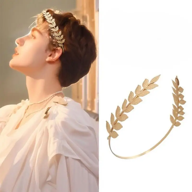 【B】Retro Gold Color Leaf Headband Headpiece Crown Tiara Headdress Goddess Greek Head Jewelry  Wedding Hair Accessories view 2