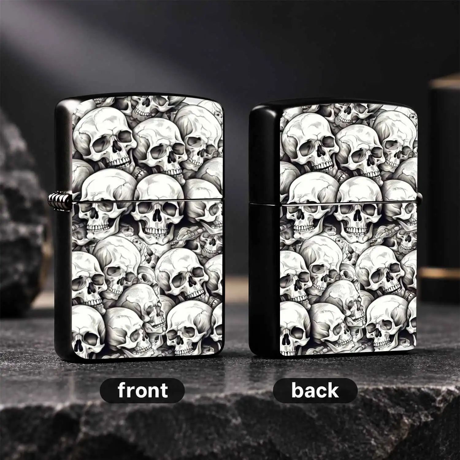 Vintage Full Printed Skulls Pattern Windproof, Cool Skeleton Cluster Design Durable Durable Housing Pocket, PORTABLE Reliable Ignition TOOL for Daily Lighting Outdoor Camping, Unique Exquisite Gift for Skull Enthusiasts Smokers Collectors A