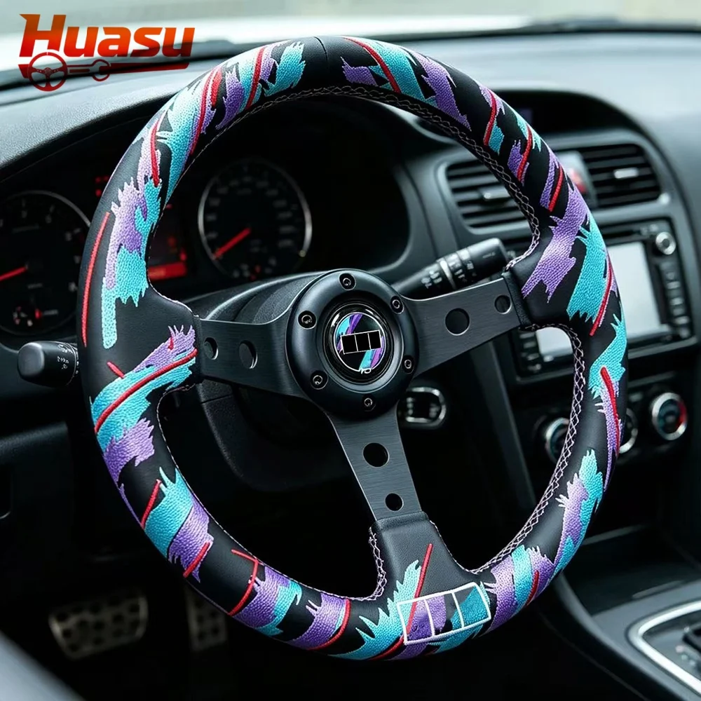 15inch 370mm Racing Steering Wheel Real Leather Universal JDM Car Race Modified Flat Sport Steering Wheel