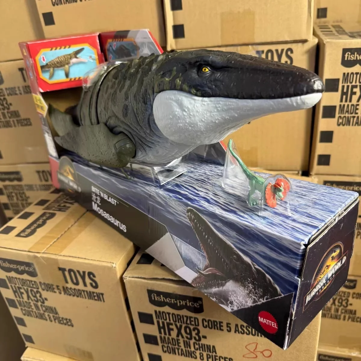 Genuino Mattel Jurassic World 4 dinosaurio modelo película Reborn mismo artículo Bite'n Blast Mosasaurus juguete divertido móvil regalo coleccionable