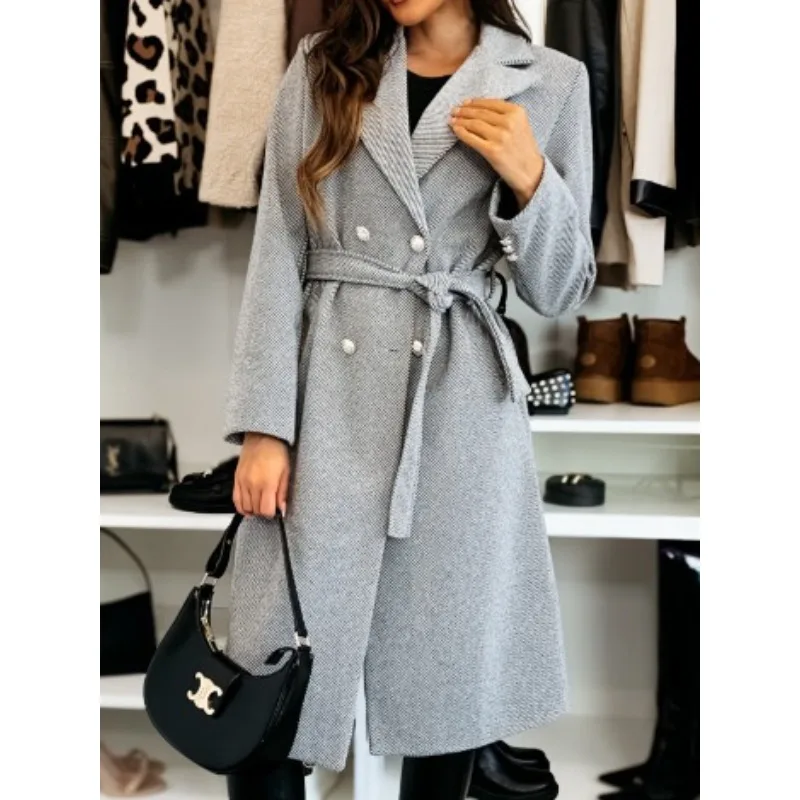 S-XXL New Women's Simple and Fashionable Solid Color Double Row Buckle Strap Woolen Coat