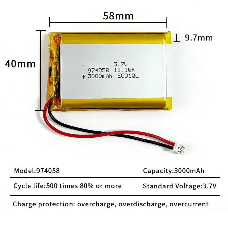 Rechargeable 974058 LiPo Battery 3.7V 3000mAh PH2P Plug Lithium Polymer Cell for Massage Gun GPS Navigator Aeromodelling