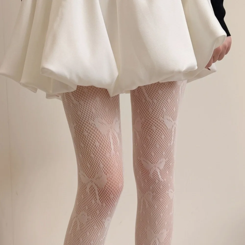 Breathable Lace Mesh Bow Stockings Fishnet Y2K Hollowed Out Jacquard Pantyhose Elegant Vintage Polka Dot Stockings JK Lolita