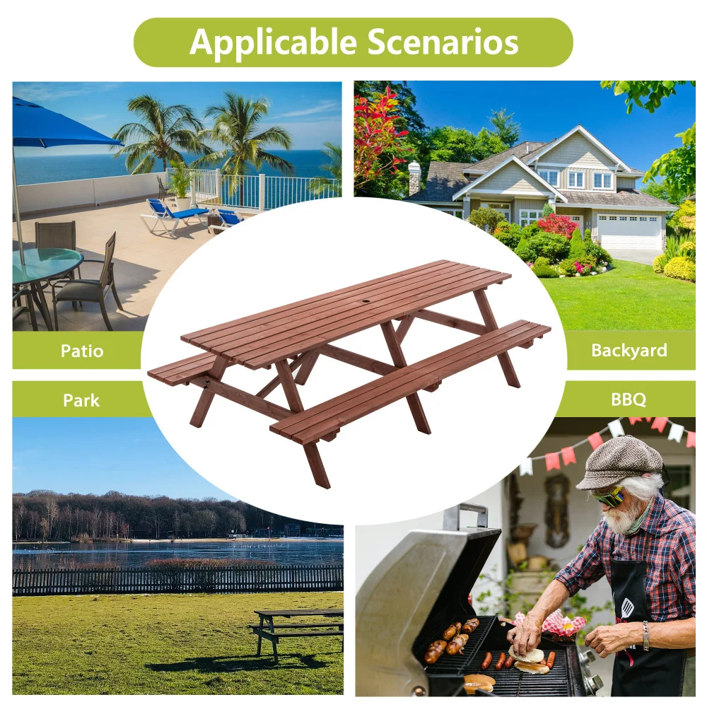 Conjunto de Mesa de Piquenique Extragrande de 95 Polegadas para Exterior: 12 Pessoas, Bancos, Furo para Guarda-chuva, Marrom Rústico