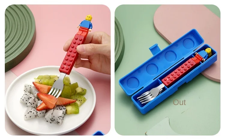 304 Stainless Kids Funny Fork Spoon Set Children Building Block