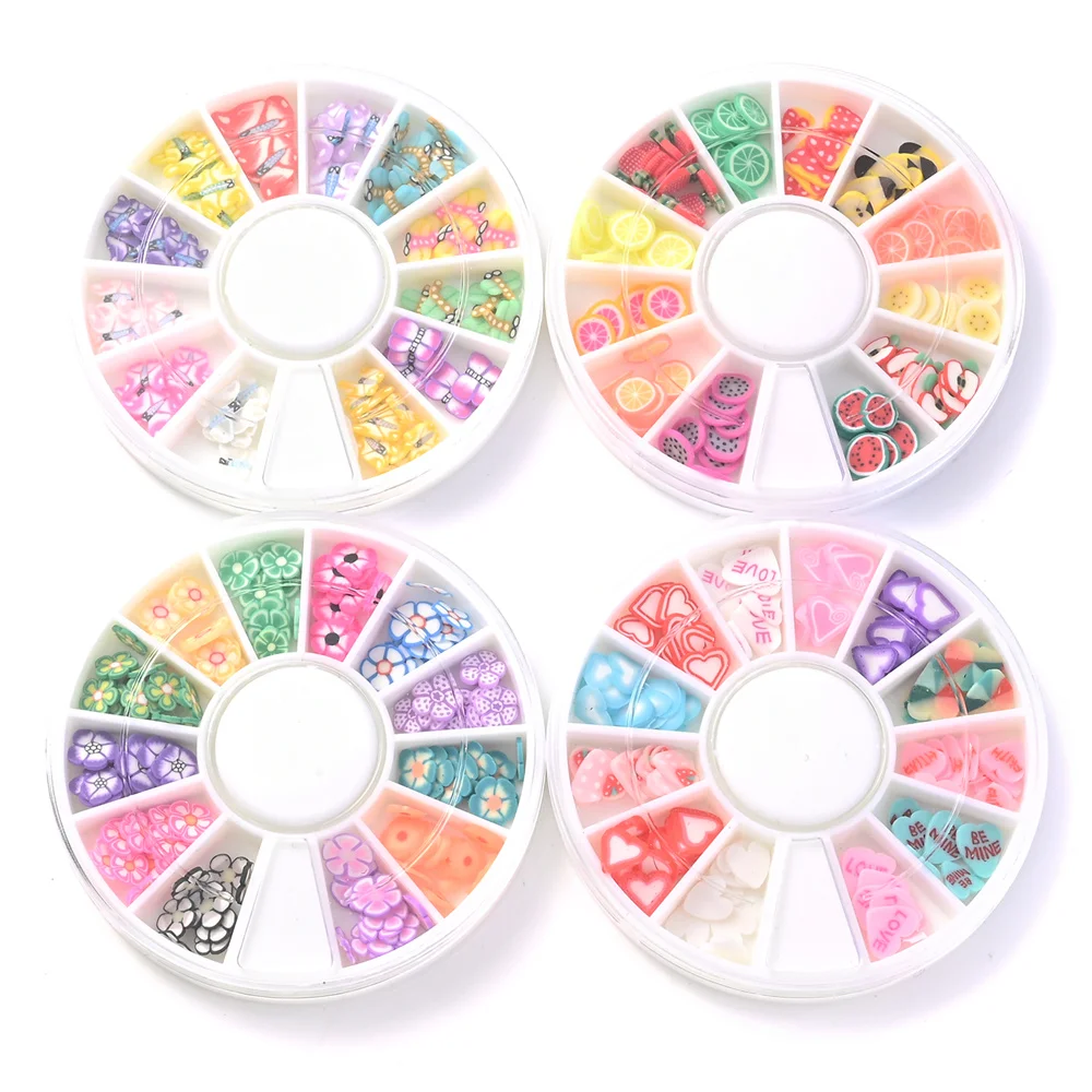 4 Boxen 5,8 mm gemischte Polymer-Clay-Scheiben-Set, niedliche Frucht-, Blumen- und Herz-Fruchtscheiben für 3D-Nagelkunst-Design, Bastel- und DIY-Zubehör – Detail 15