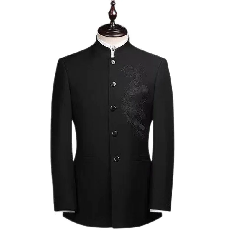 

Oriental Dragon Embroidery Men Tunic Suit Jacket Black Stand Collar Chinese Style Kung Fu Zhongshan Coat