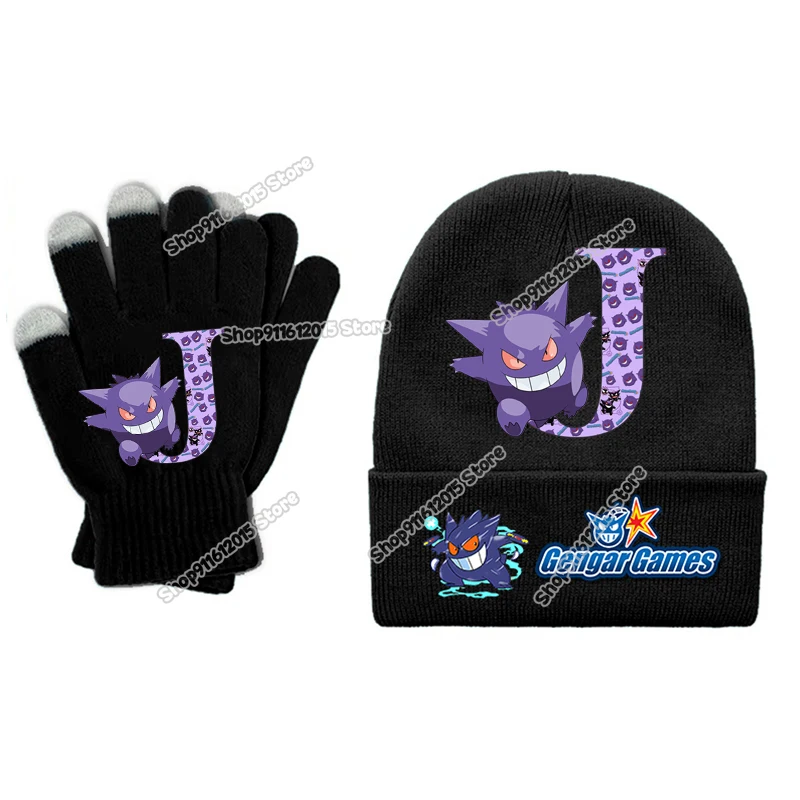 Pokemons gorros para niños guantes traje Gengar letra A-Z mitones tejidos dibujos animados Anime sombrero de invierno niña niño guantes de punto cálidos 2 uds